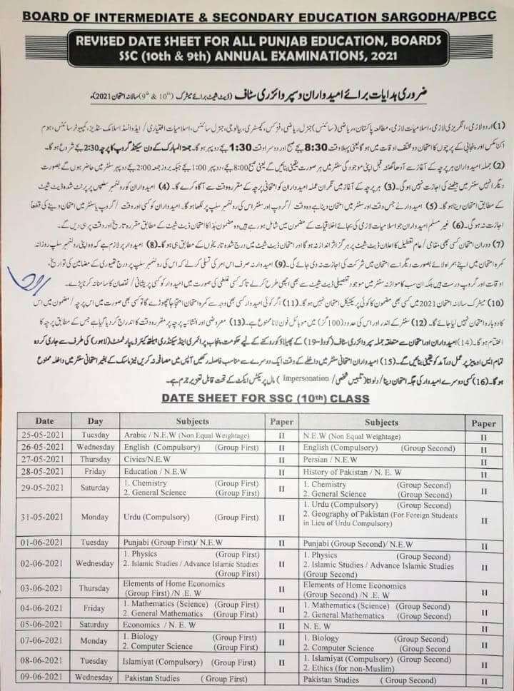BISE Multan board date sheet 2021 10 class