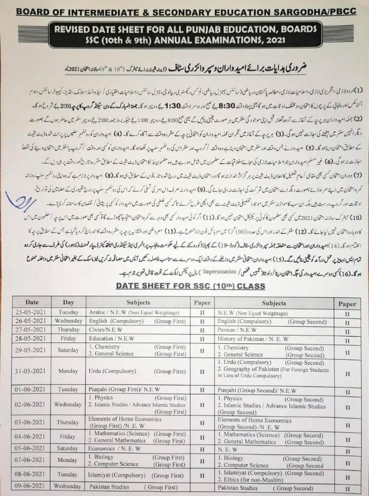 lahore board date sheet 2021 class 10