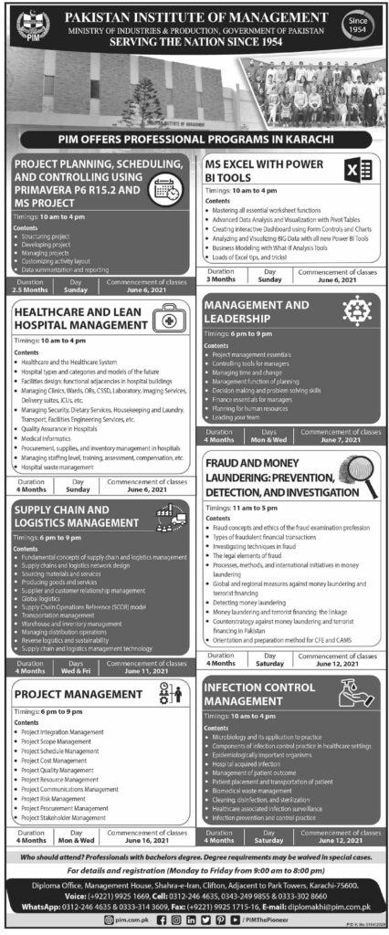 PIM PAKISTAN INSTITUTE OF MANAGEMENT Admissions 2021