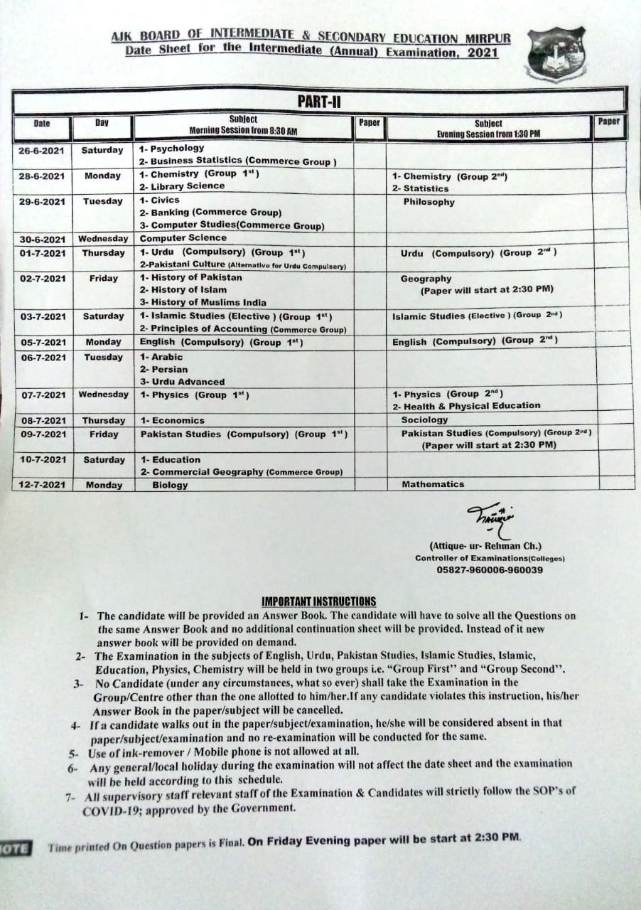 BISE AJK 12th Class Date Sheet 2021 Lo Result