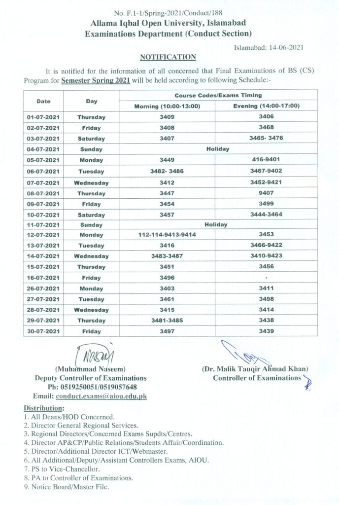 Date Sheet AIOU