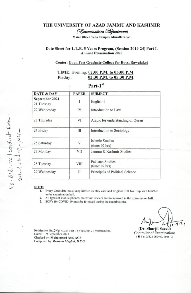 AJKU Date Sheet LLB