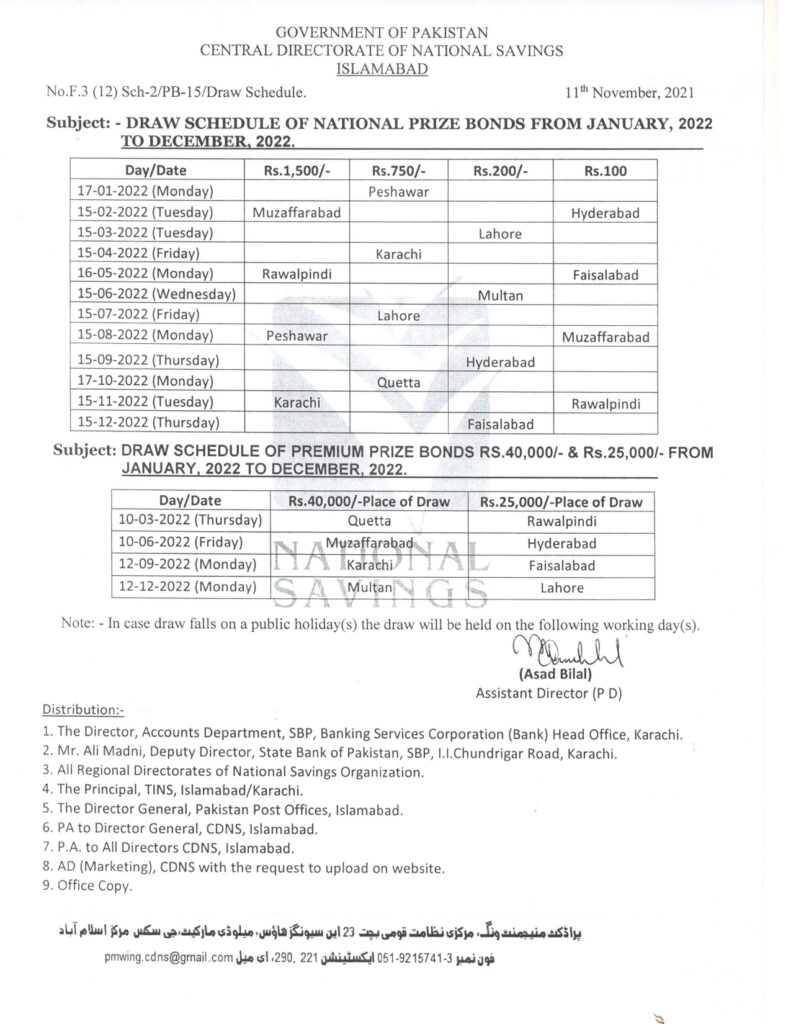 Prize Bond Schedule 2022