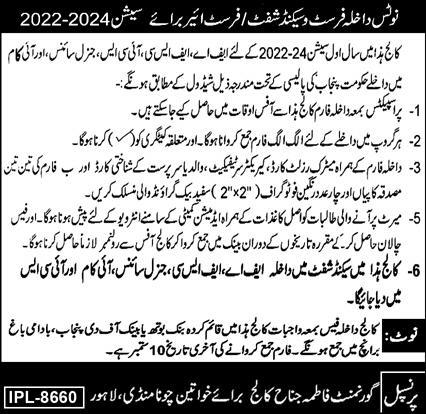 Government Fatima Jinnah College Admissions 2022 Lahore Open