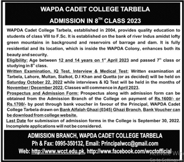Wapda Cadet College Admissions 2022 Open