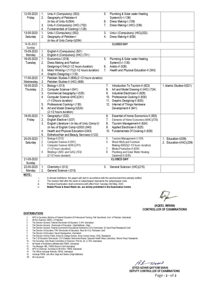 9th Class and 10th Class Date Sheet 2023 FBISE