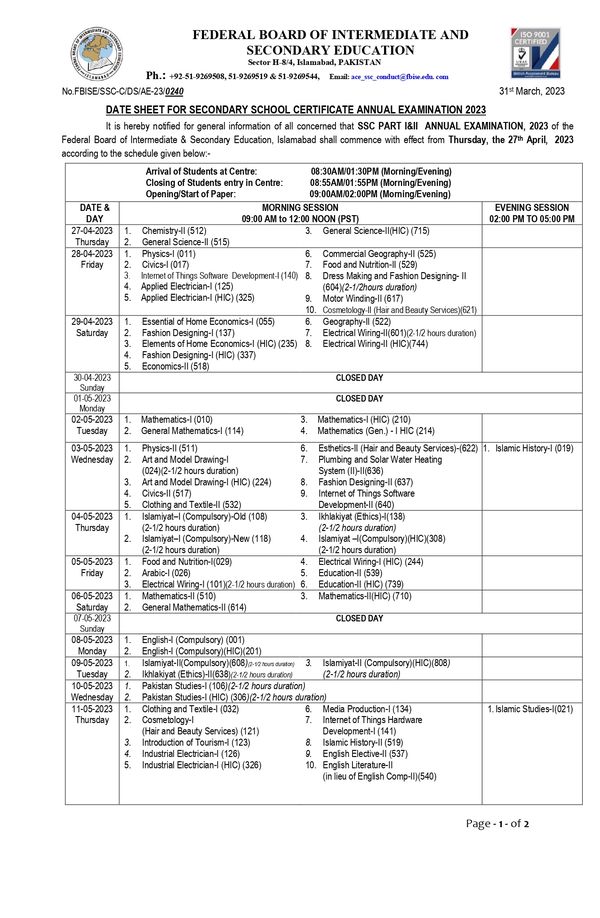 Federal board Matric Part 1 and Part 2 Date Sheet 2023