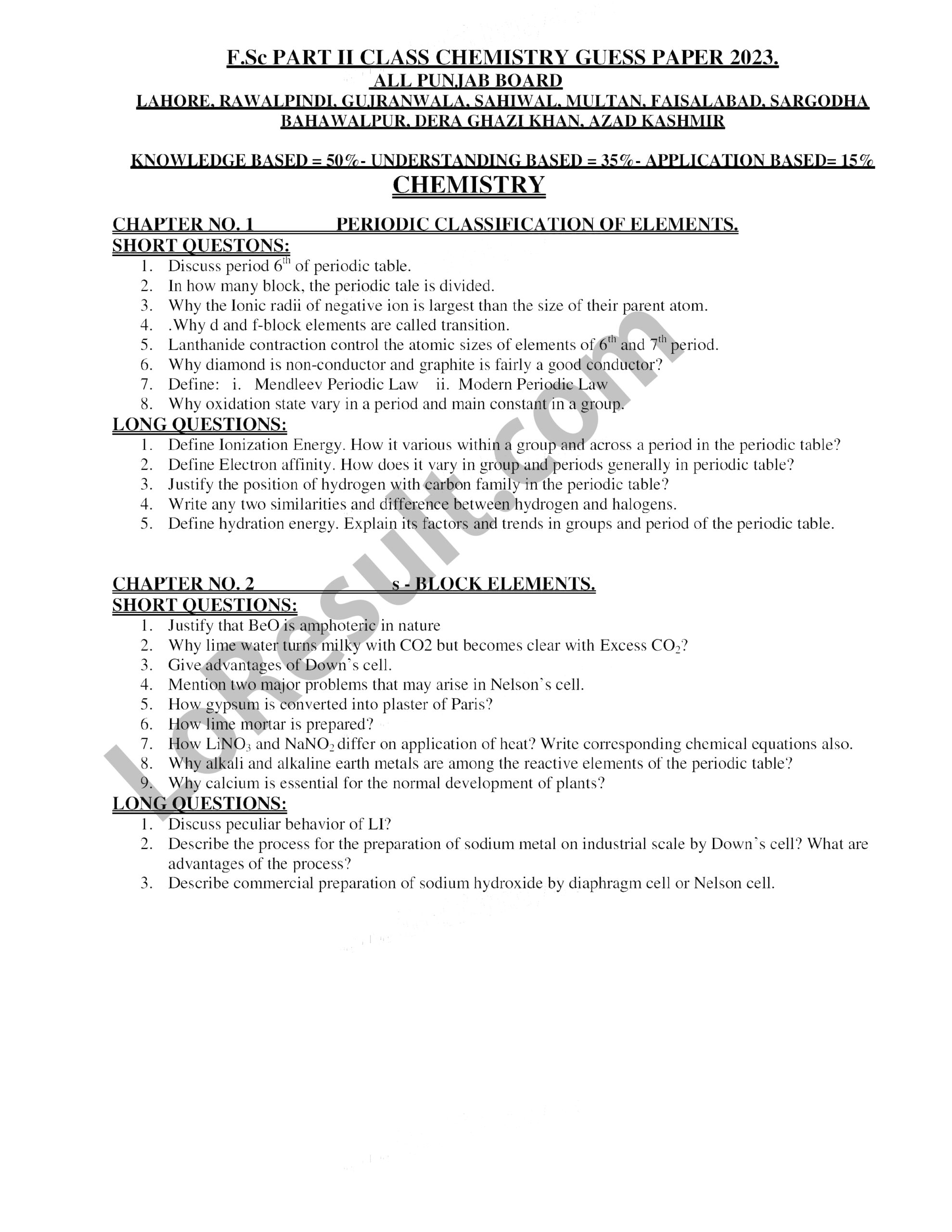 12th Class Chemistry Guess Paper 2023 Punjab Board