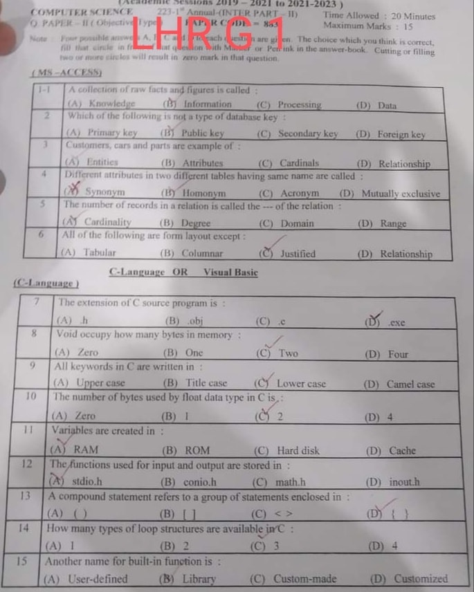 12th Class Computer Science Paper 2023 Lahore Board
