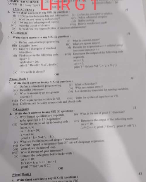 2nd Year 12th Class Computer Science Paper 2023 Punjab Board
