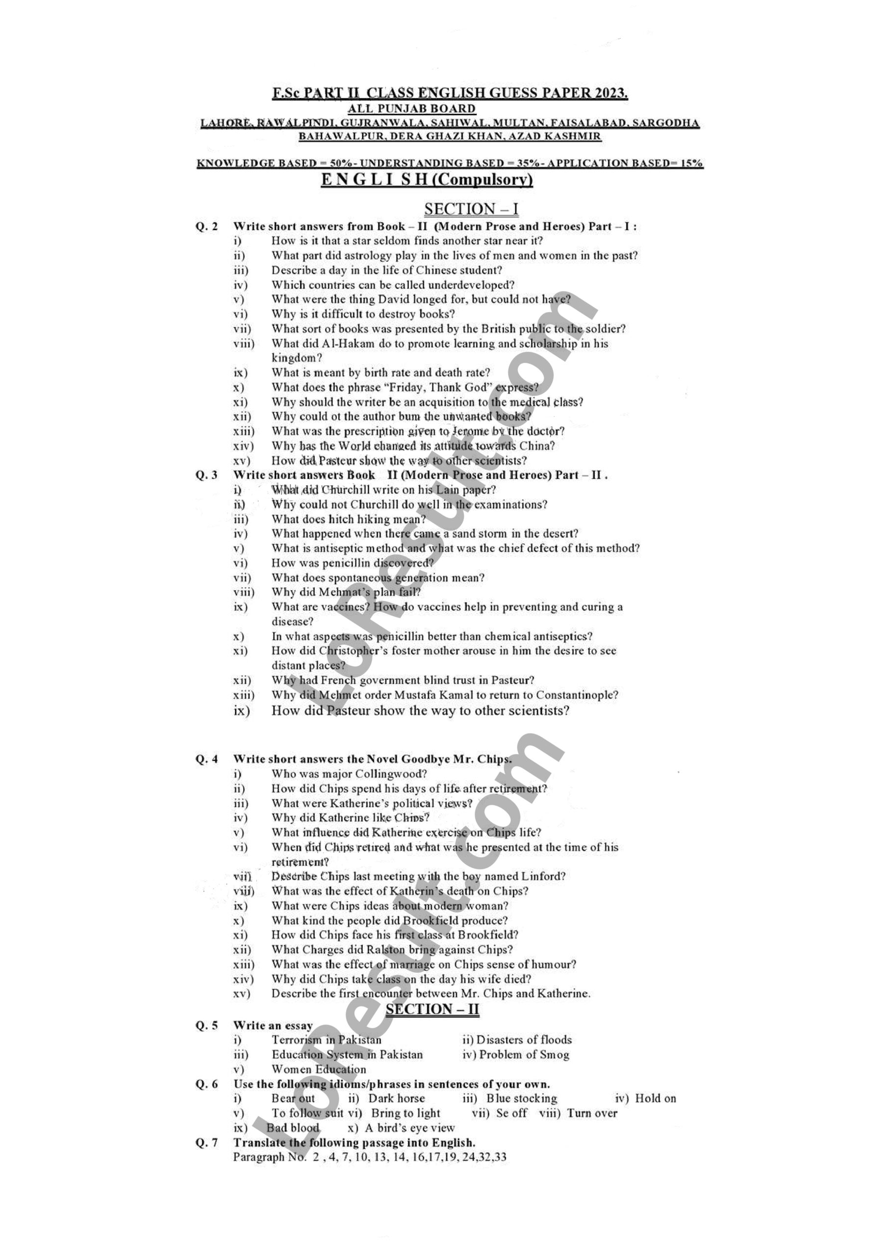 English 12th Class Guess Paper 2023 Punjab Board