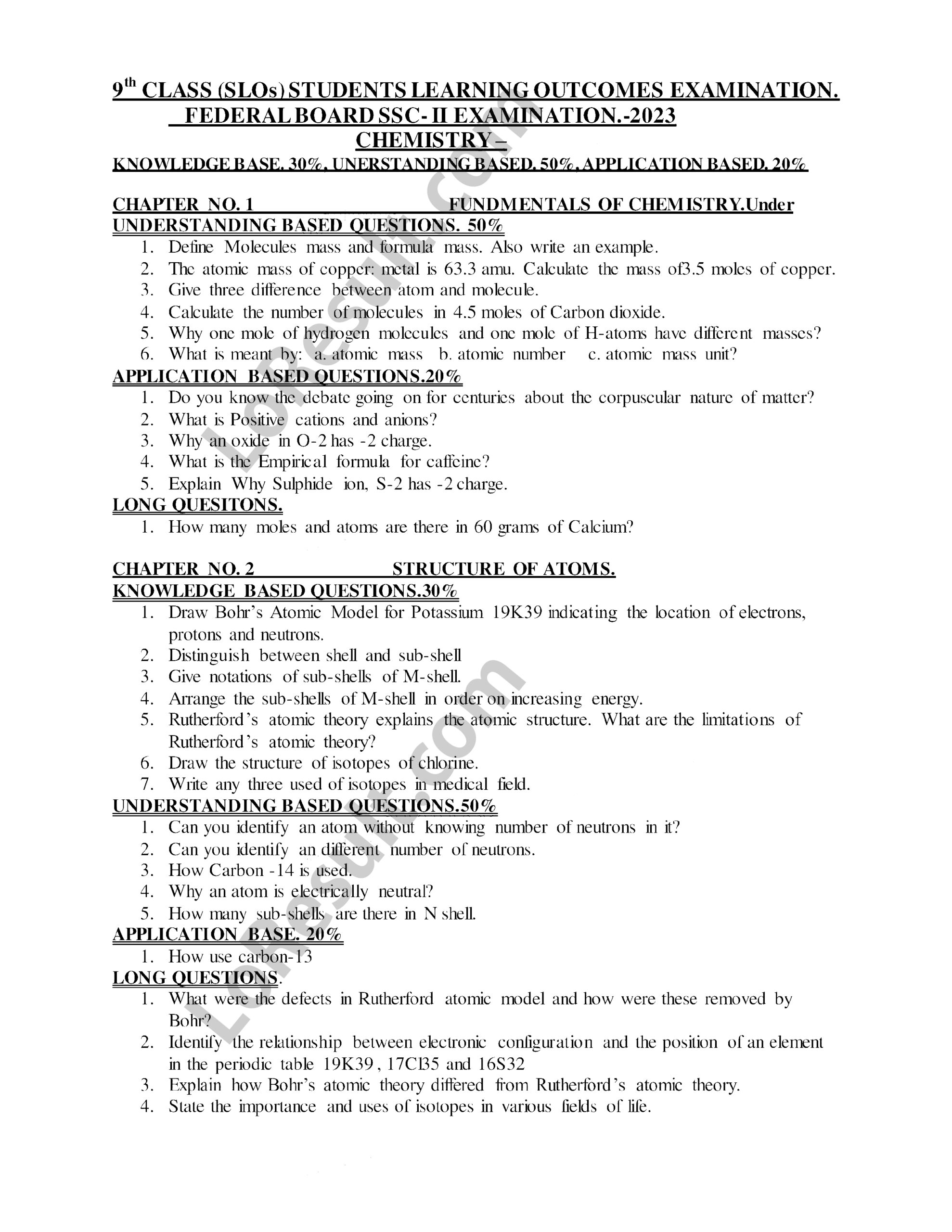 Federal Board Chemistry Class 9 Guess Papers 2023