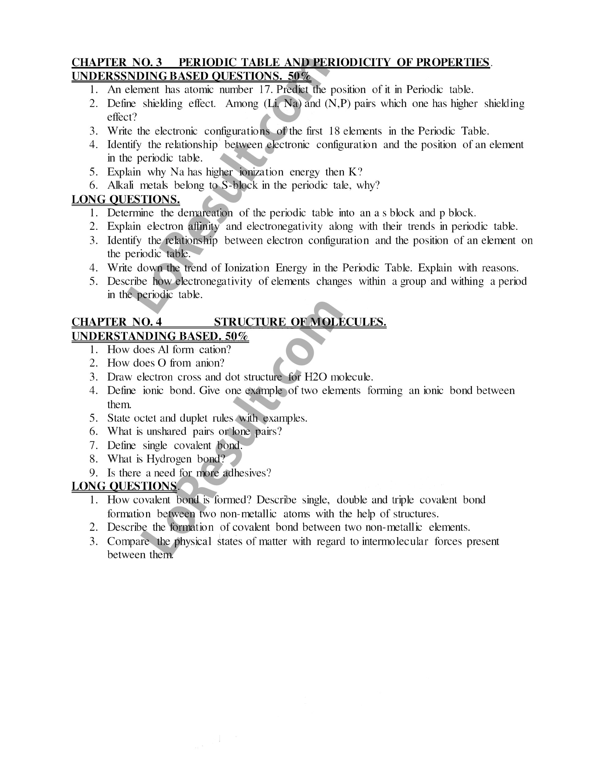 FBISE Chemistry Class 9 Guess Papers 2023