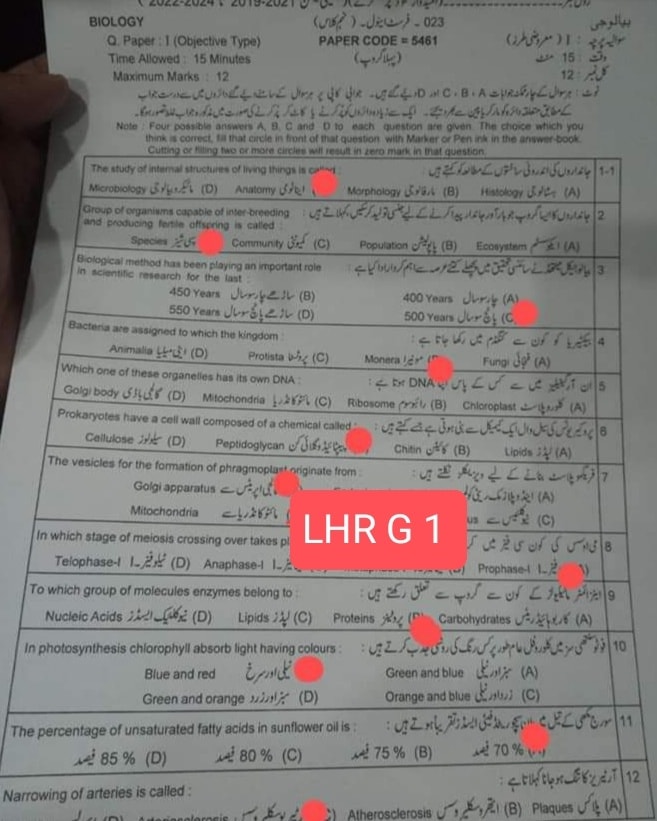 9th Class Biology Paper 2023 Lahore Board