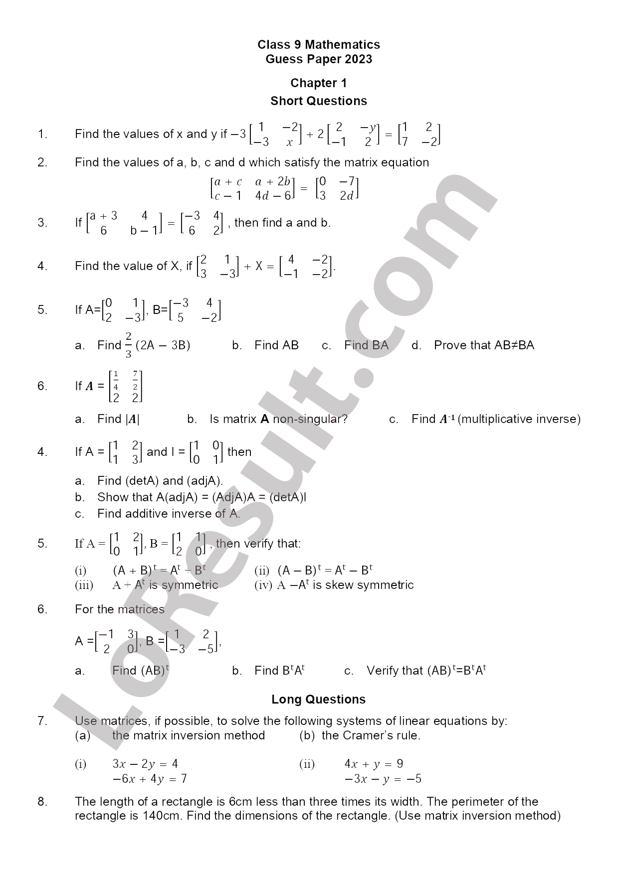 Mathematics Chapter 1 FBISE Guess Paper 9th Class FBISE