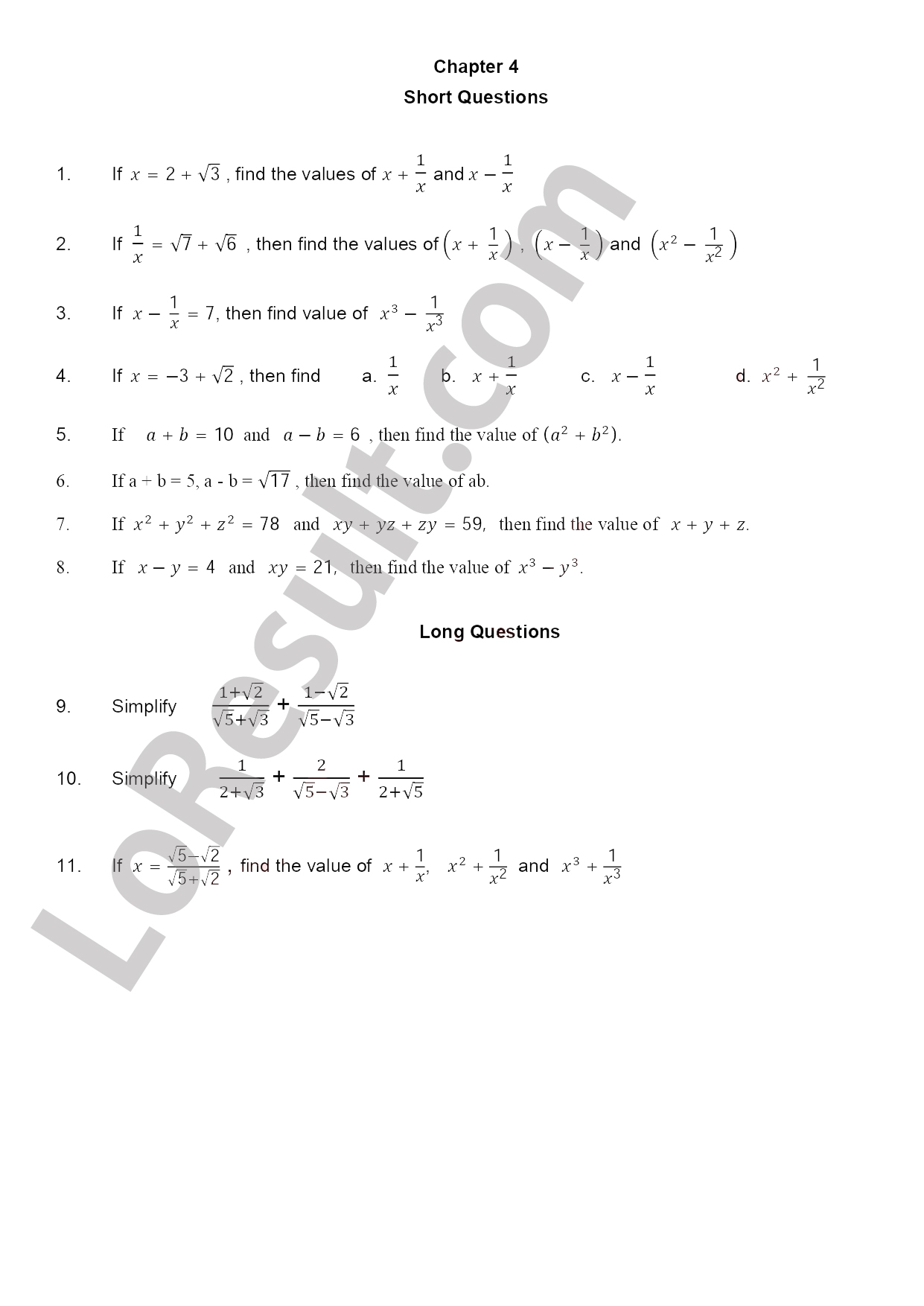Mathematics Chapter 4 FBISE Guess Paper 9th Class FBISE