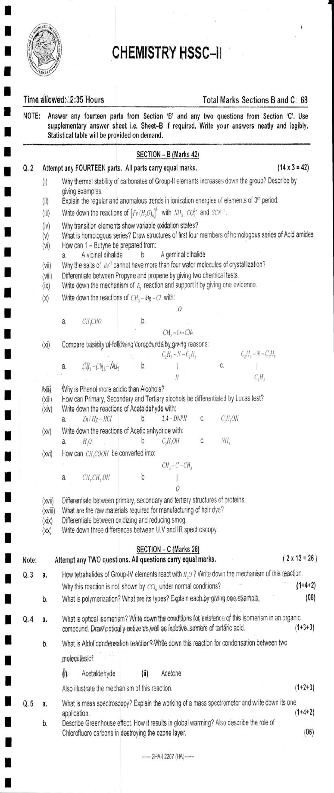 FBISE 12th Class Chemistry Past Papers 2022