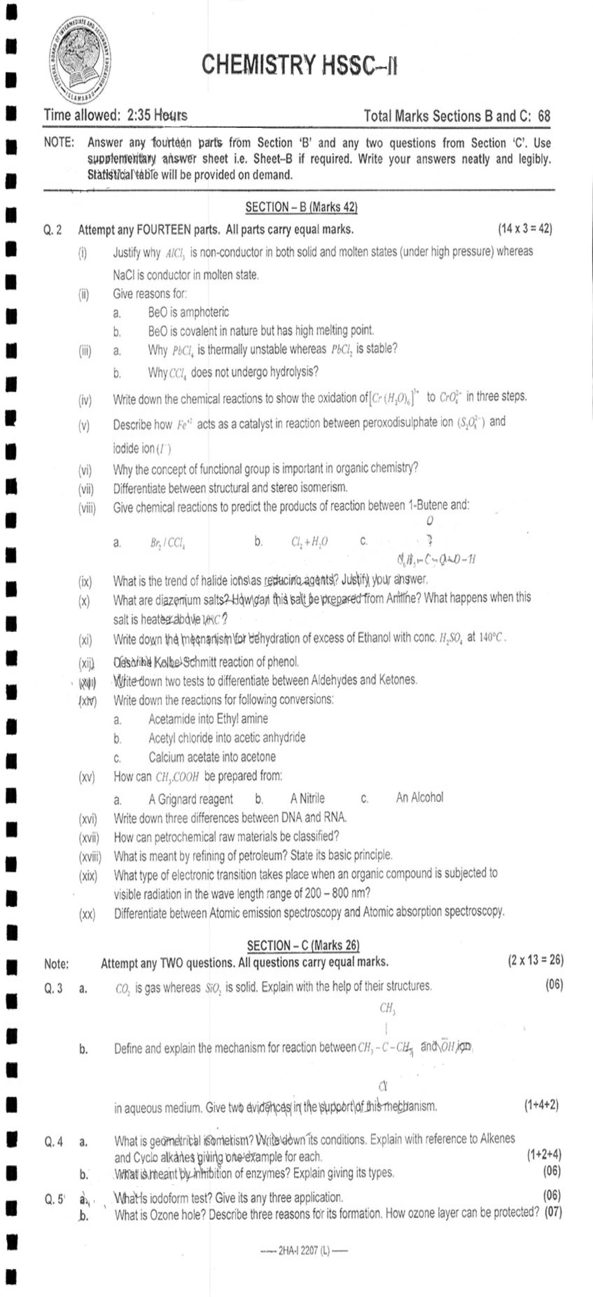 Federal board Inter part 2 past papers 2022