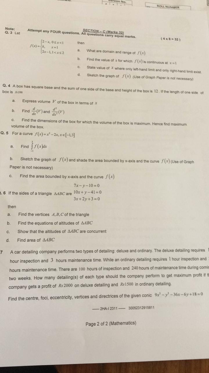 Federal Board 2nd Year Mathematics Paper 2023 FBISE