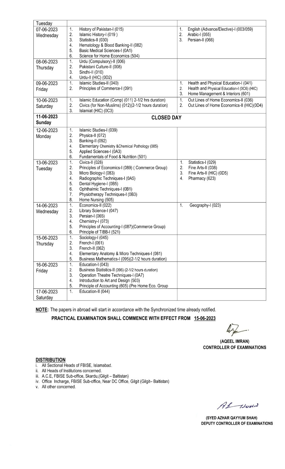 FBISE Date Sheet 2023 Inter part 1 Federal Board