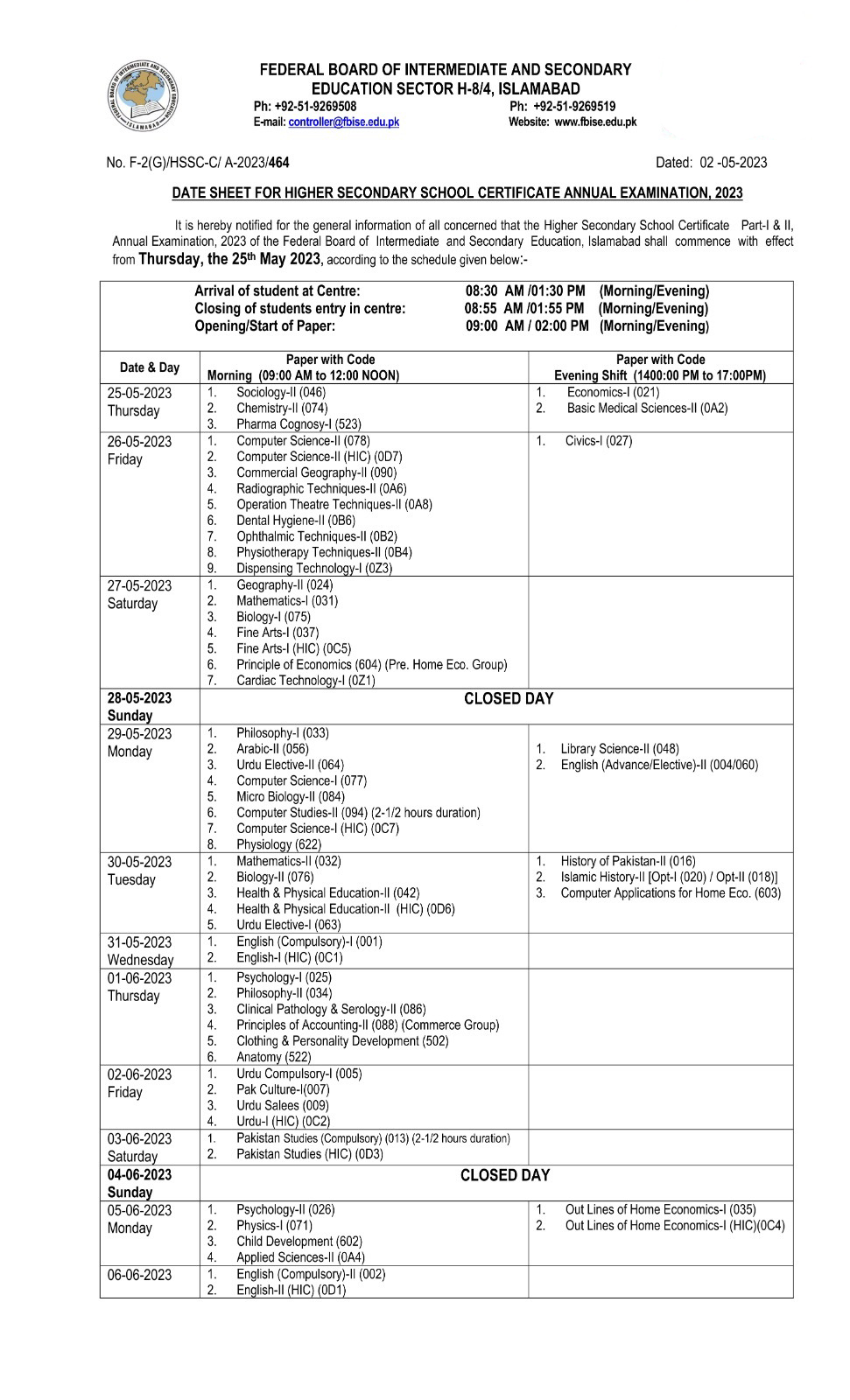 Federal Board Date Sheet 2023 HSSC 2 FBISE
