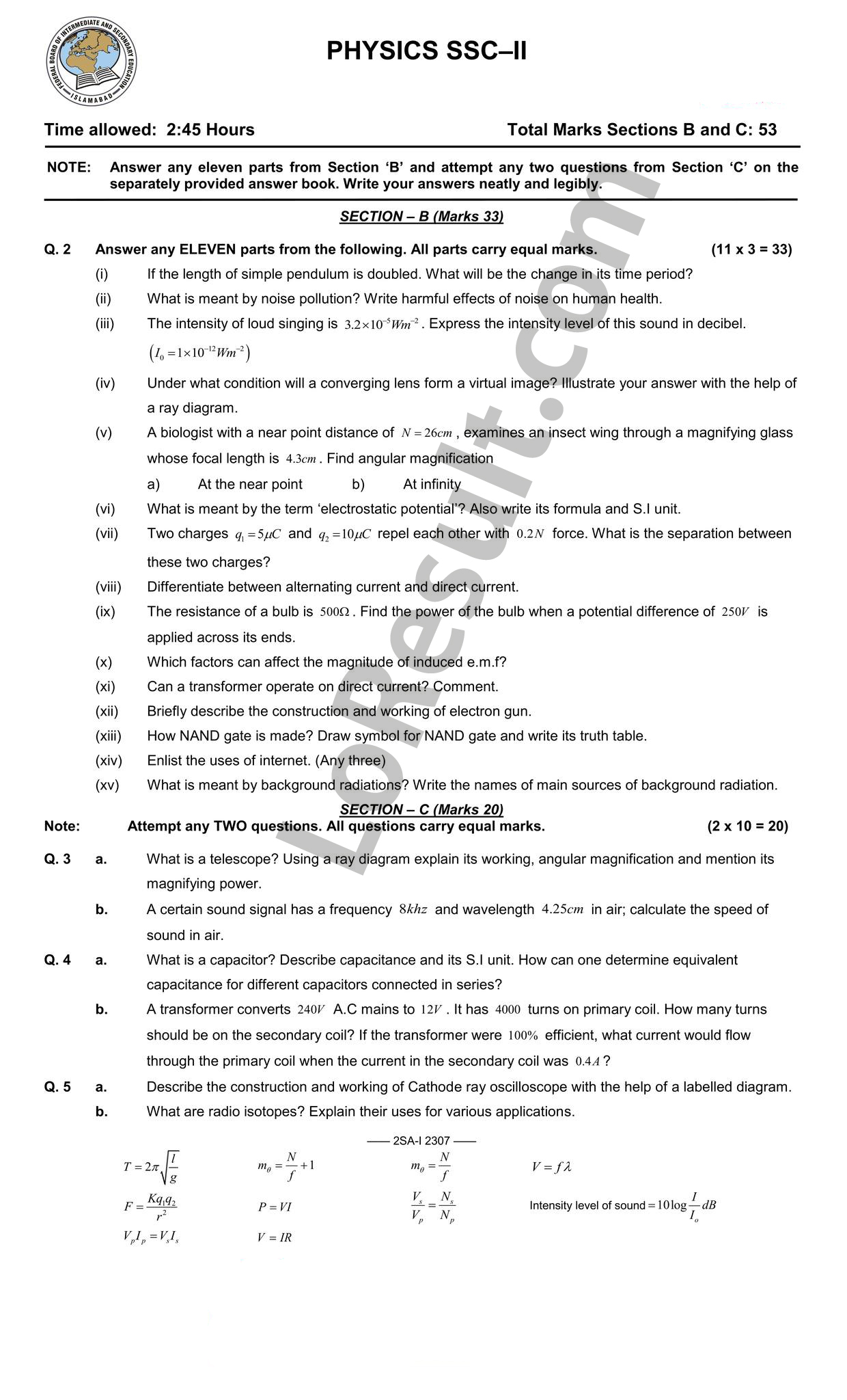 Federal Board Matric Part 2 Physics Paper 2023 FBISE