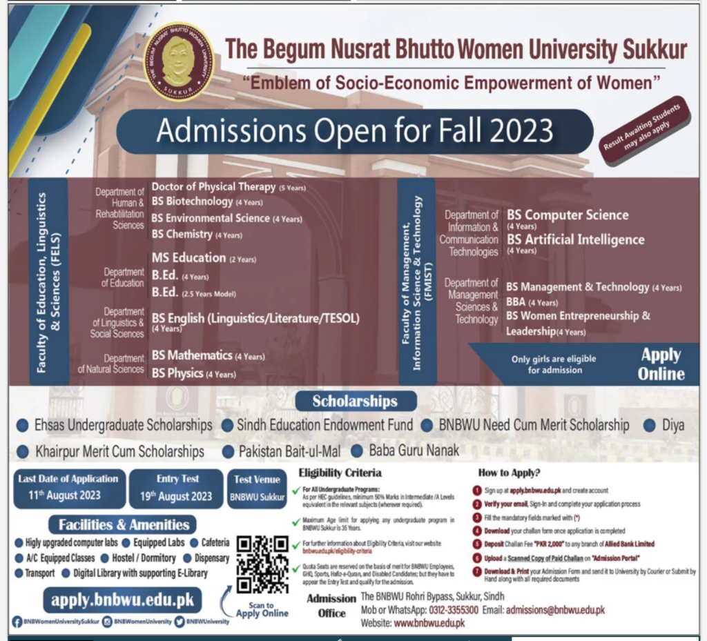 Begum Nusrat Bhutto Women University Admission Open 2023