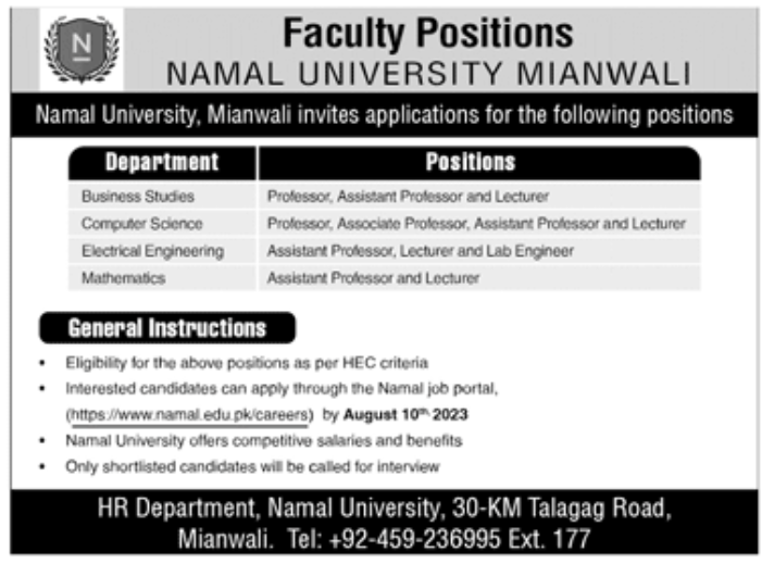 Teachers required at Namal University Mianwali