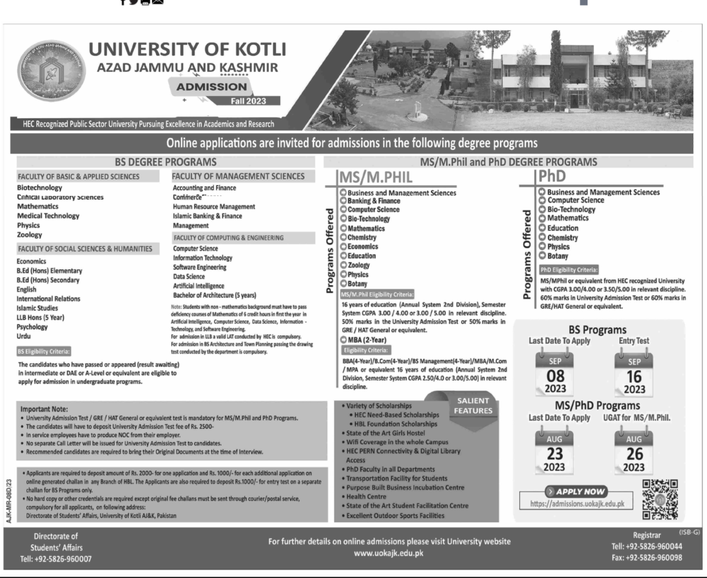 University of Kotli AJK admission 2023