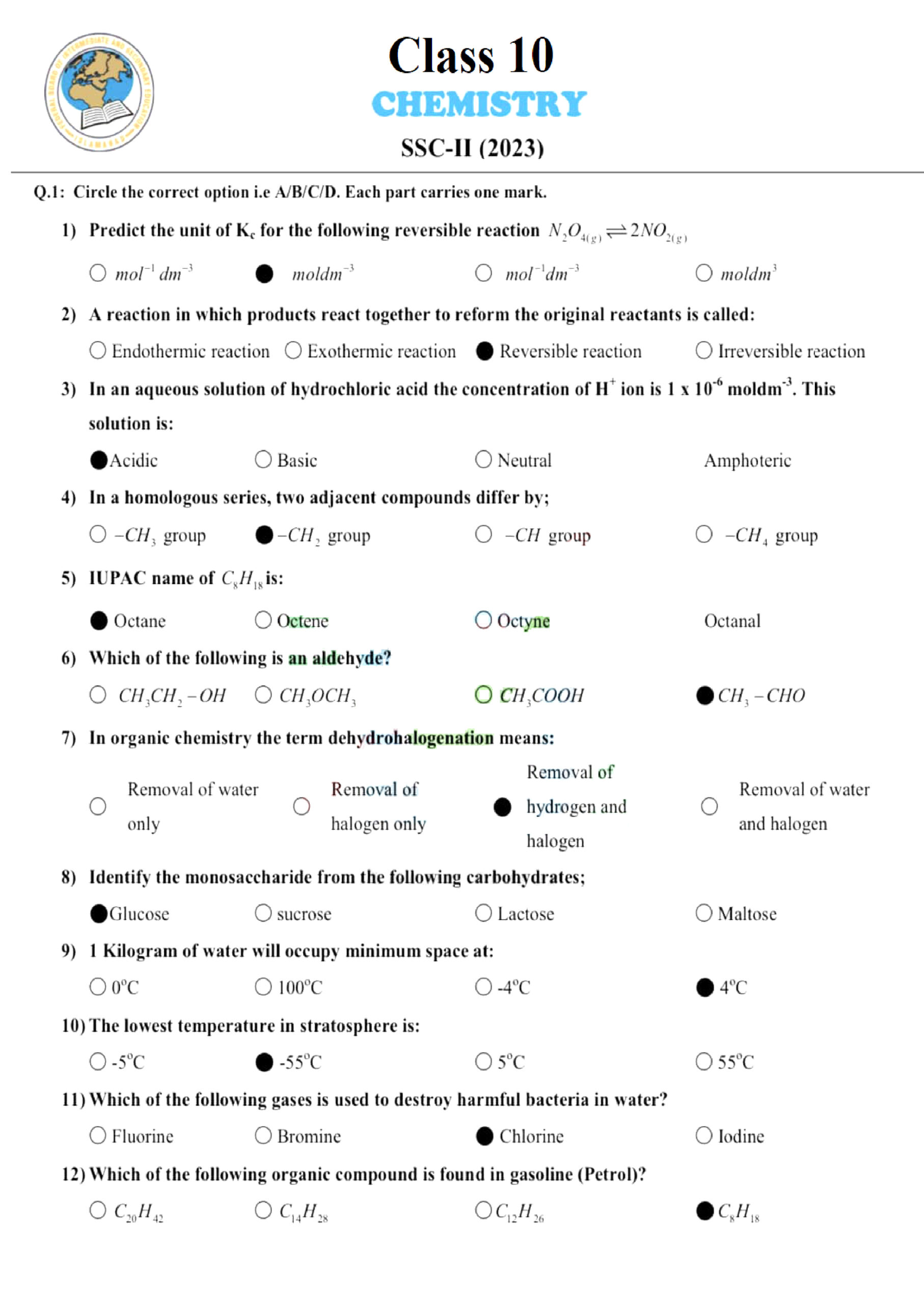 FBISE 10th Class Chemistry Paper 2023 Federal Board SSC, Matric part 2