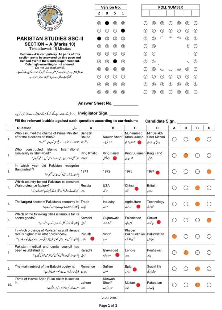 FBISE 10th Class Paper 2023 Pakistan Studies Federal Board SSC, Matric part 2