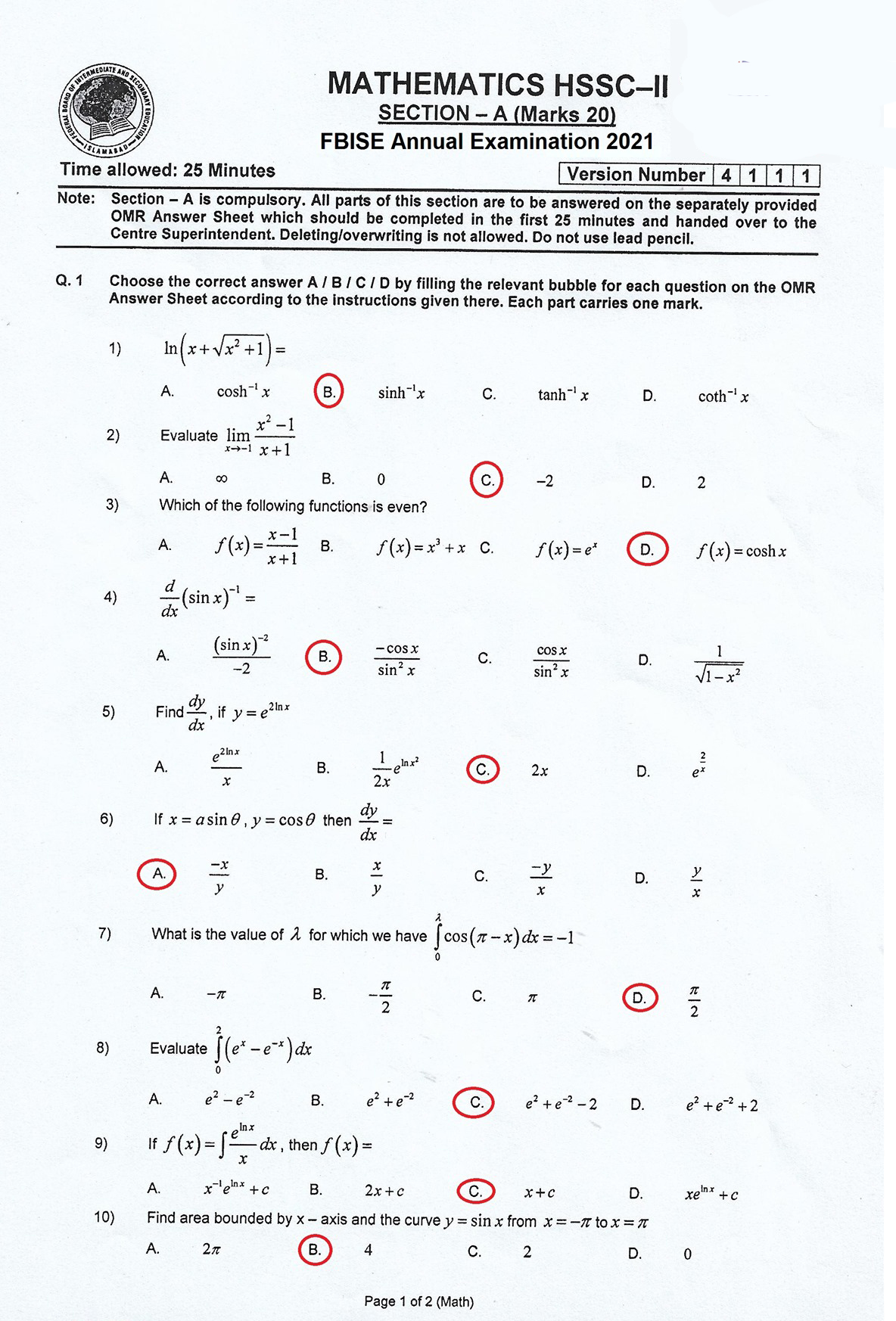 FBISE Mathematics Paper 2023 HSSC Part 2 2nd Annual 12th class 2nd year