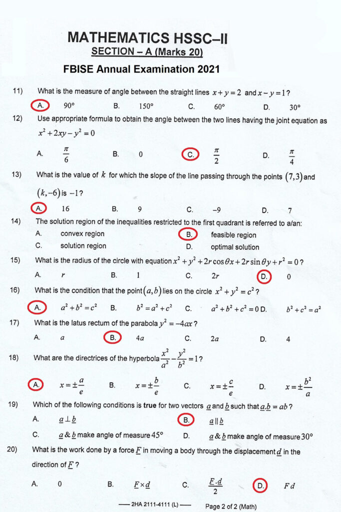 FBISE Mathematics Paper 2023 HSSC Part 2 2nd Annual 12th class 2nd year