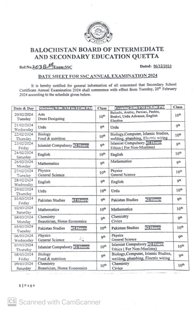 Balochistan Quetta Board SSC Matric Date Sheet 2024