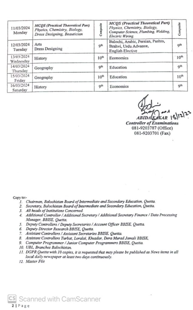 Balochistan Quetta Board SSC Matric Date Sheet 2024