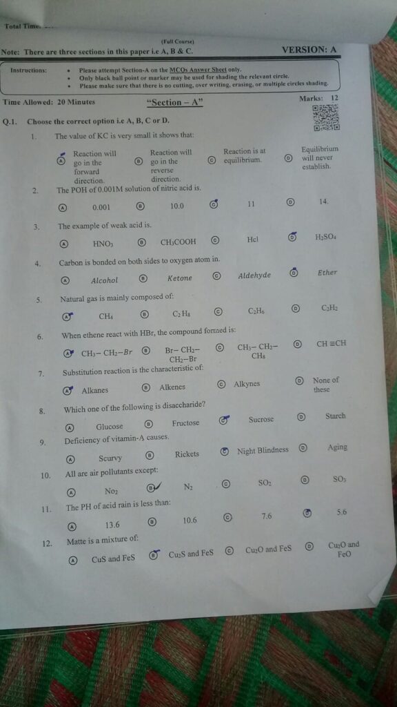 Class 10th Chemistry Paper 2023 BISE Mardan Board Lo Result