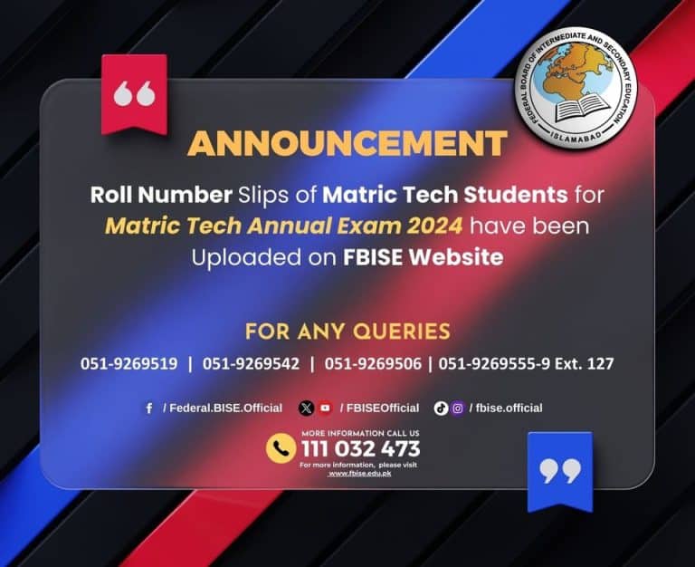 FBISE Matric Roll Number Slip Exam 2024 Federal Board Lo Result